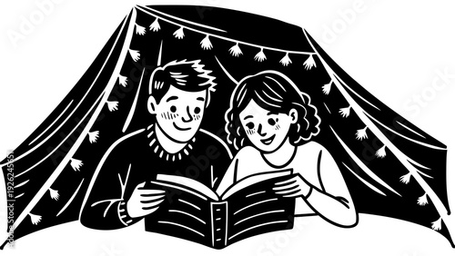 Children reading together under a tent, exploring the joy of shared stories and imagination.