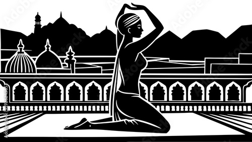 Elegant silhouette of a woman in mid-jump against an architectural backdrop.
