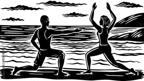 Three figures walking along a shoreline in a vintage woodcut style illustration