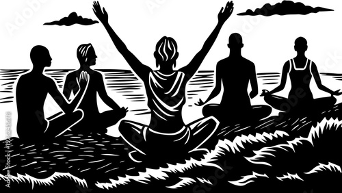 Group of people meditating together in a serene natural setting by the water.