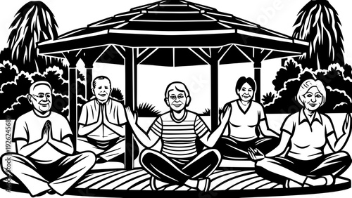 Group of people enjoying a meal under a shaded outdoor pavilion