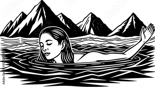 Mysterious mermaid surfing atop a wave near towering mountains