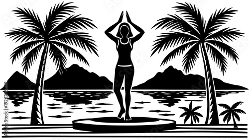 Vintage illustration of a serene tropical garden with a central fountain and palm trees.