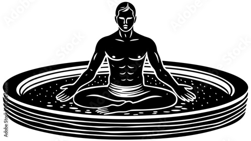 Ancient depiction of a meditative figure seated on a lotus flower in a circular basin.