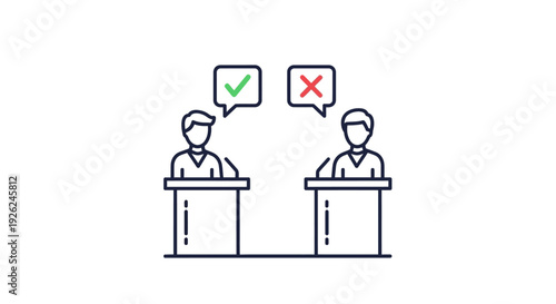 Two debaters stand at podiums with speech bubbles indicating approval and disapproval