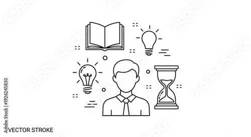 Man surrounded by symbols of time management and idea generation in a simple line art style illustration