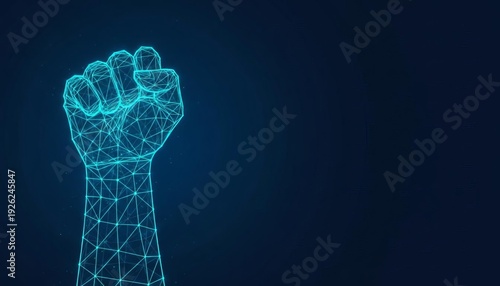 Digital Empowerment and Innovation: Glowing wireframe human fist symbolizing technological strength, future, and network connection on dark.