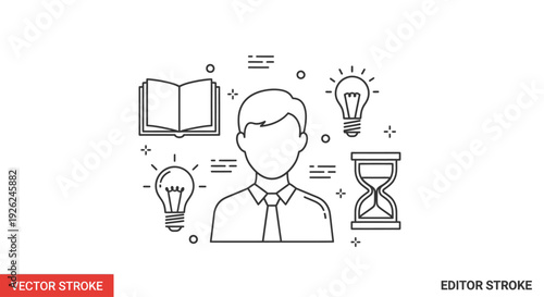 A professional man surrounded by icons symbolizing knowledge and productivity in a simple vector illustration