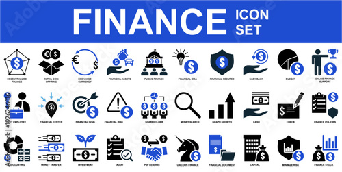Set finance icon set vector for corporate dashboards and banking apps. Ideal for symbolizing wealth management, economy growth, and modern business investments.