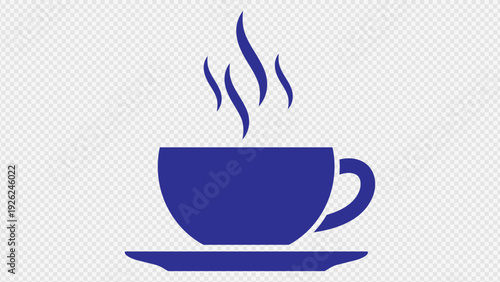 Stylized steaming hot beverage cup icon with saucer solid blue silhouette isolated on light grid background