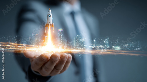 Businessman holding a rocket launching from his palm, symbolizing a successful startup or project over a vibrant city at night.