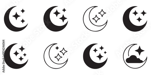 Starry night sky icons with moon and cloud symbols vector set. Different variations of celestial elements.