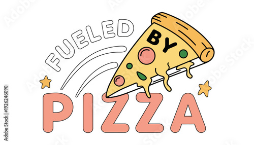 A pizza slice icon with the words fueled by pizza