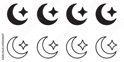 Crescent moon and star vector icon set, moon and stars in various styles, astronomy symbol