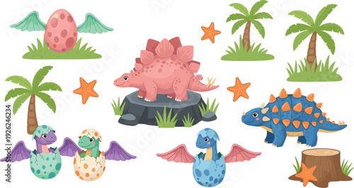 Collection of cute cartoon kittens with large eyes in different colors including orange tabby black and white for sticker designs.