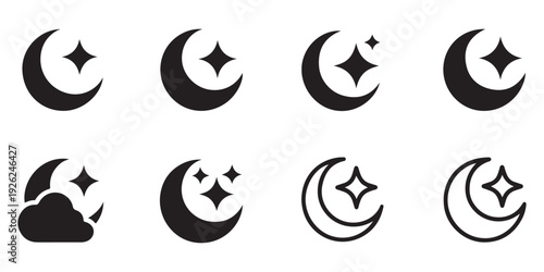 Night sky icons including moon with clouds and multiple stars for meteorology and children book illustration