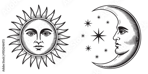 Vintage sun and moon with human faces engraving style illustration for woodcut tarot and occult art theme