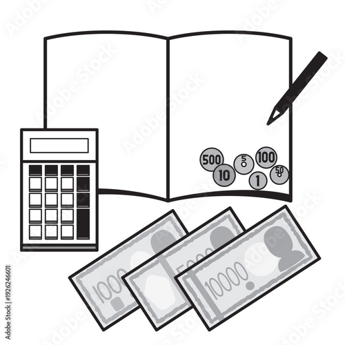 電卓とノートと現金（紙幣・硬貨）のイメージ素材