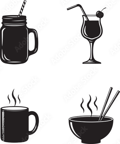 Black silhouette of a mason jar with straw a cocktail with cherry a mug and a bowl of soup with chopsticks