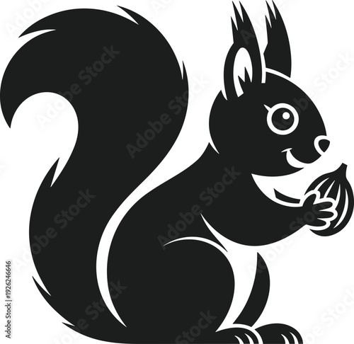 Black squirrel silhouette holding a nut vector illustration