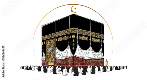 Illustration of the Kaaba in Mecca, a sacred Islamic site and Masjid al-Haram focal point during Hajj pilgrimage and Ramadan, with a gold crescent moon and people in a circular frame.