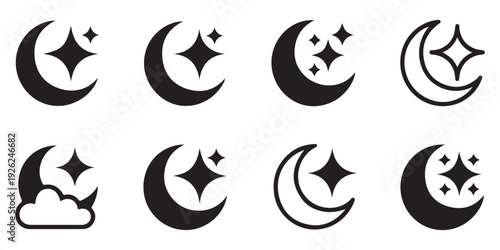 Sleep mode icon set, night and day, crescent with twinkling stars, sweet dreams, good night with clouds