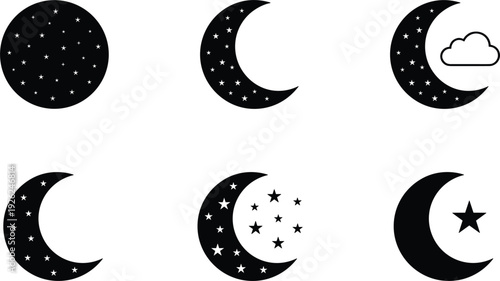 Moon silhouette set vector illustration, black crescent full moon with stars cloud and magic symbols for night sky astronomy dream and mystical