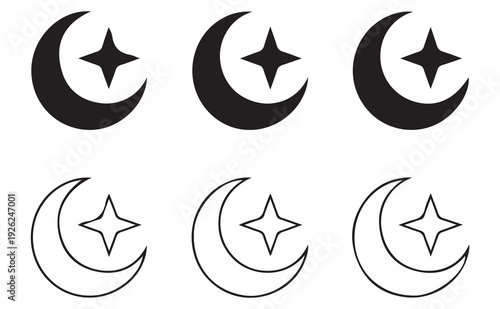 Crescent moon with star icon set isolated on white background. Night sky elements for minimalist designs.
