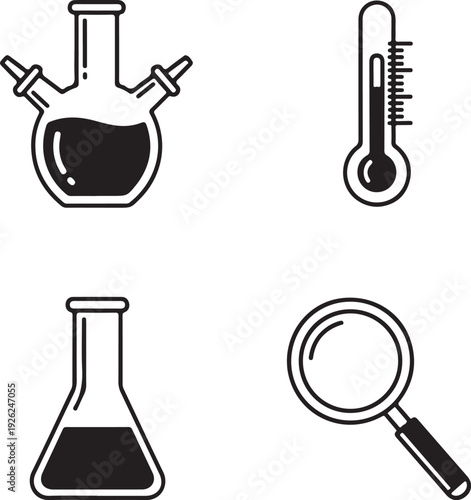 Four black and white science laboratory including a round bottom flask with side arms a thermometer an Erlenmeyer flask and a magnifying glass