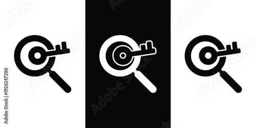 A set of three black and white icons featuring a magnifying glass and key combined into one symbol on a white and black background