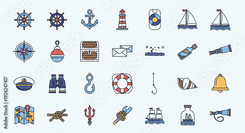 Collection of nautical and marine themed icons and symbols for design.