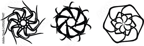 Three abstract line art designs resembling flowers or knots