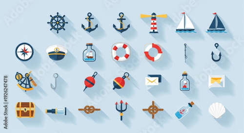 Nautical themed icons collection representing maritime navigation and seafaring elements.