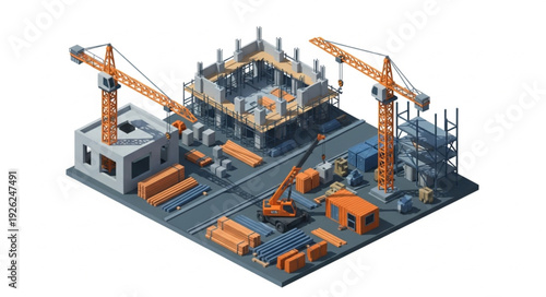 Industrial Construction Site with Cranes.