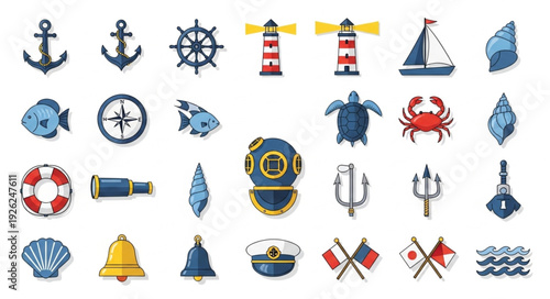 Collection of nautical themed illustrations, perfect for maritime design projects and decorations.