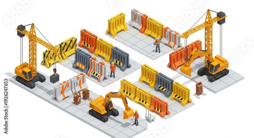 Industrial Construction Site with Cranes and Workers.