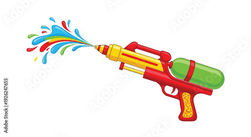 Colorful water gun spraying a vibrant stream of water against white