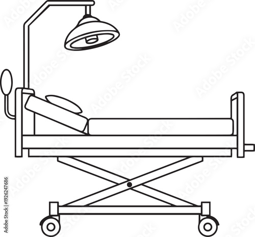Medical examination table with adjustable headrest and overhead lamp hospital