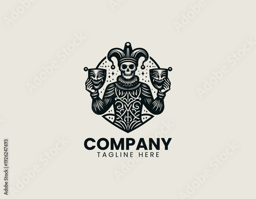 Jester skeleton holding theater masks in clean modern entertainment vector illustration style