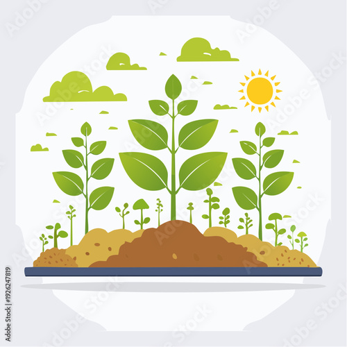 Lush green seedlings growing from fertile soil under a bright sunny sky with clouds
