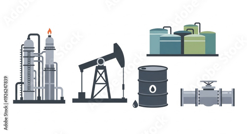 Oil and gas industry infrastructure - refinery, pumpjack, storage tanks, and barrel.