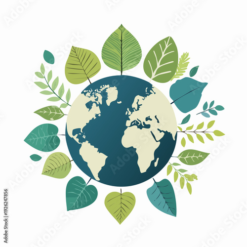 Green planet earth illustration with leaves around the globe representing nature and ecology
