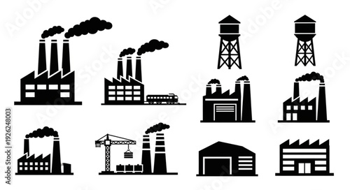 Industrial factory buildings and water towers in black and white, representing industry and manufacturing.