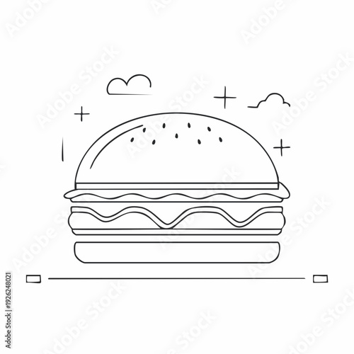 Minimalist hamburger line art icon for fast food design. Simple burger outline vector illustration on a white background