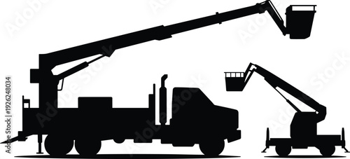 Silhouette of bucket truck and cherry picker lift vehicles for aerial work platform construction maintenance isolated on white background illustration