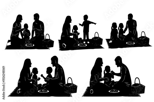 Family Picnic on Grass Silhouette Vector for Outdoor Summer Vacation and Tech-Free Quality Time
