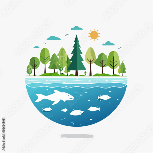 Circular illustration showing a split view of a forest ecosystem above and an aquatic world below