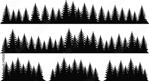 Evergreen pine forest silhouette set, black tree line collection isolated vector illustration for landscape background, nature logo, woodland design
