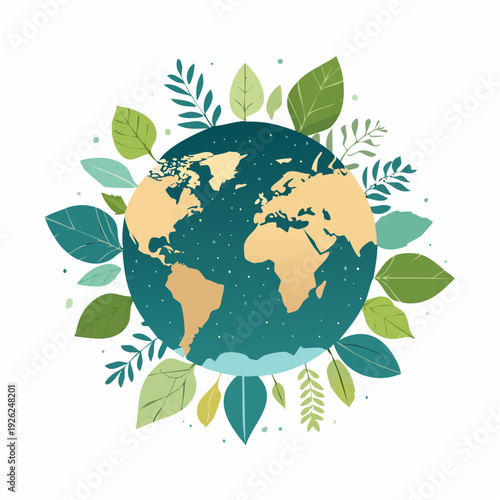 Our Vibrant Planet Earth Surrounded by Lush Green Leaves, Symbolizing Global Ecology and Environmental Protection