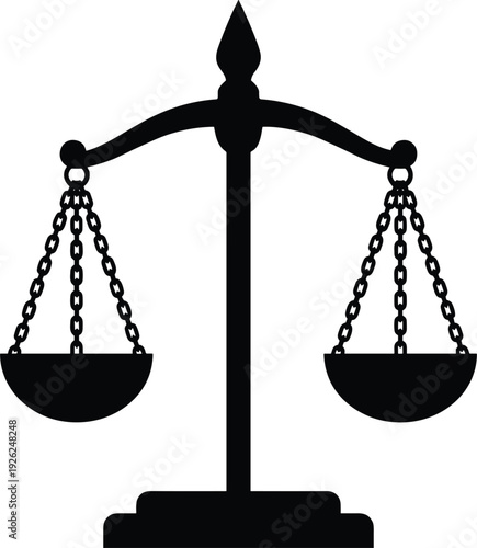 Scales of justice with chains silhouette vector illustration, black detailed law balance symbol for court legal fairness judgment and authority